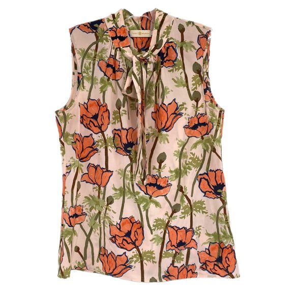 Tory Burch Floral Tie Neck Tank Blouse | Size 8 - Perfect for Any Occasion